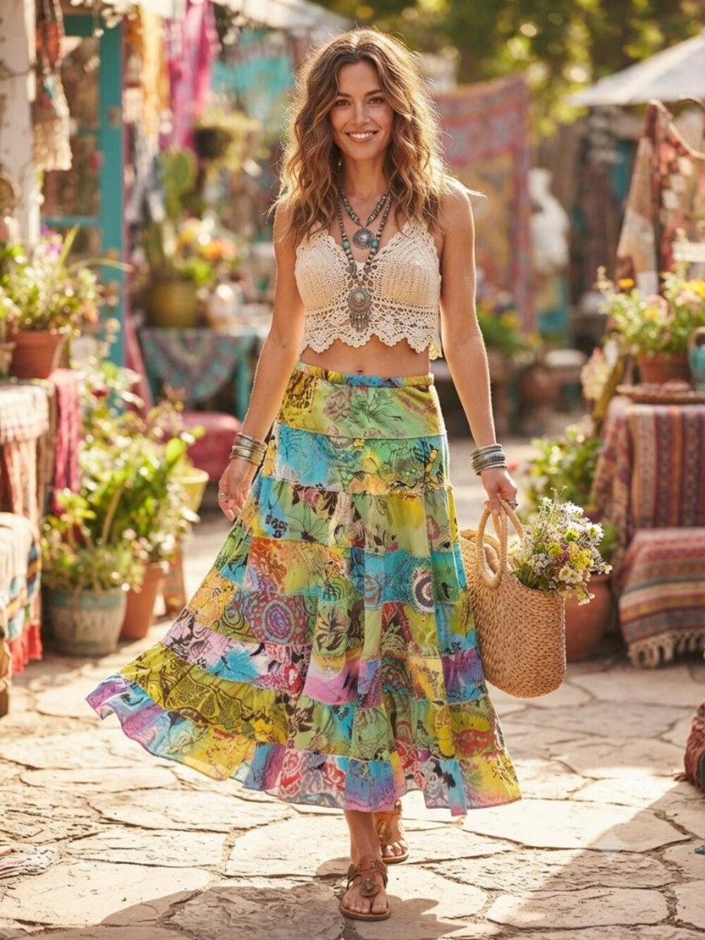 Bila Vintage Patchwork Tiered Cotton Hippie Peasant Gypsy Boho Maxi Skirt Size M